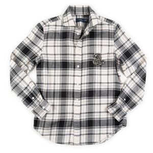 Polo Ralph Lauren Plaid Flannel Button Down Top Rhinestone Crest Black White XS